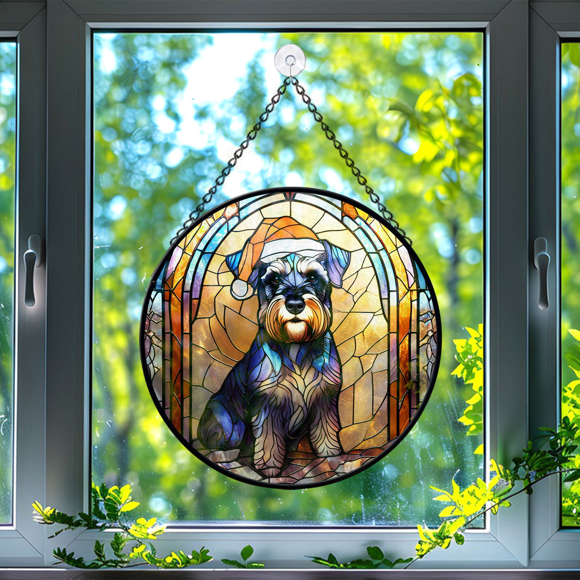 Christmas Dog Stained Glass Suncatcher | Unique Holiday Gift for Dog Lovers | Miniature Schnauzer