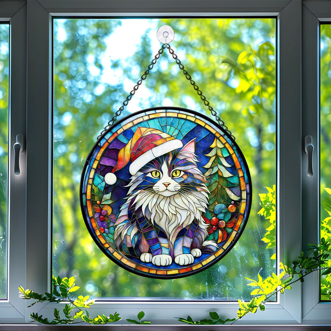 Christmas Cat Stained Glass Suncatcher | Unique Holiday Gift for Cat Lovers | Norwegian Forest Cat