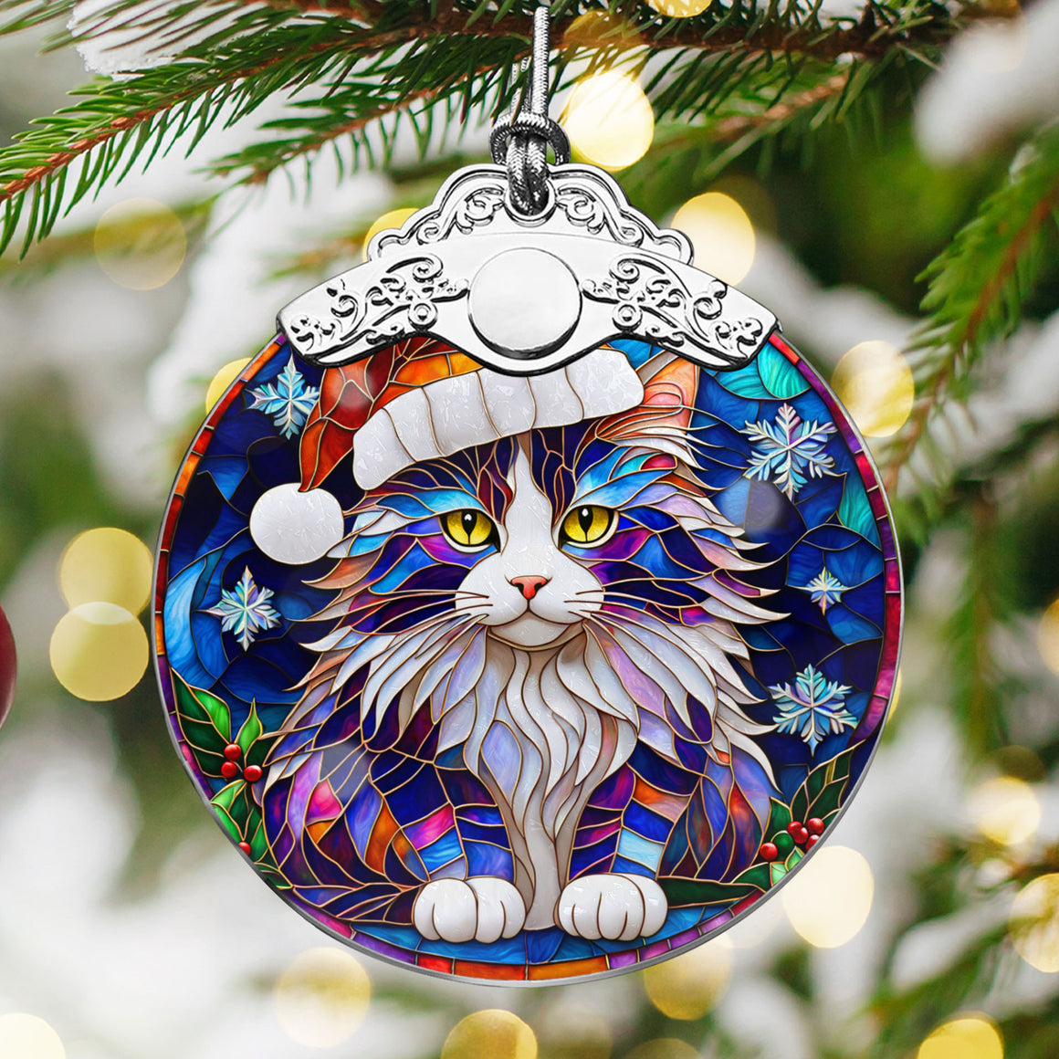 Christmas Cat Stained Glass Ornament | Unique Holiday Gift for Cat Lovers | Norwegian Forest