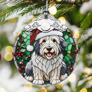 Christmas Dog Stained Glass Ornament | Unique Holiday Gift for Dog Lovers | Old English Sheepdog