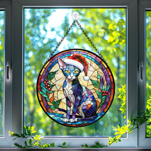 Christmas Cat Stained Glass Suncatcher | Unique Holiday Gift for Cat Lovers |Oriental Shorthair Cat