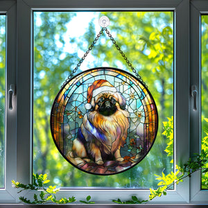 Christmas Dog Stained Glass Suncatcher | Unique Holiday Gift for Dog Lovers | Pekingese