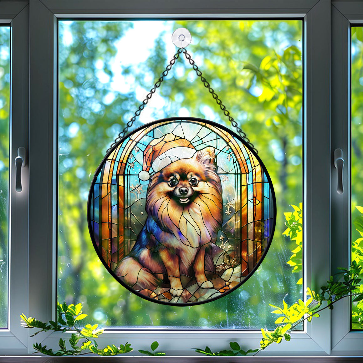 Christmas Dog Stained Glass Suncatcher | Unique Holiday Gift for Dog Lovers | Pomeranian