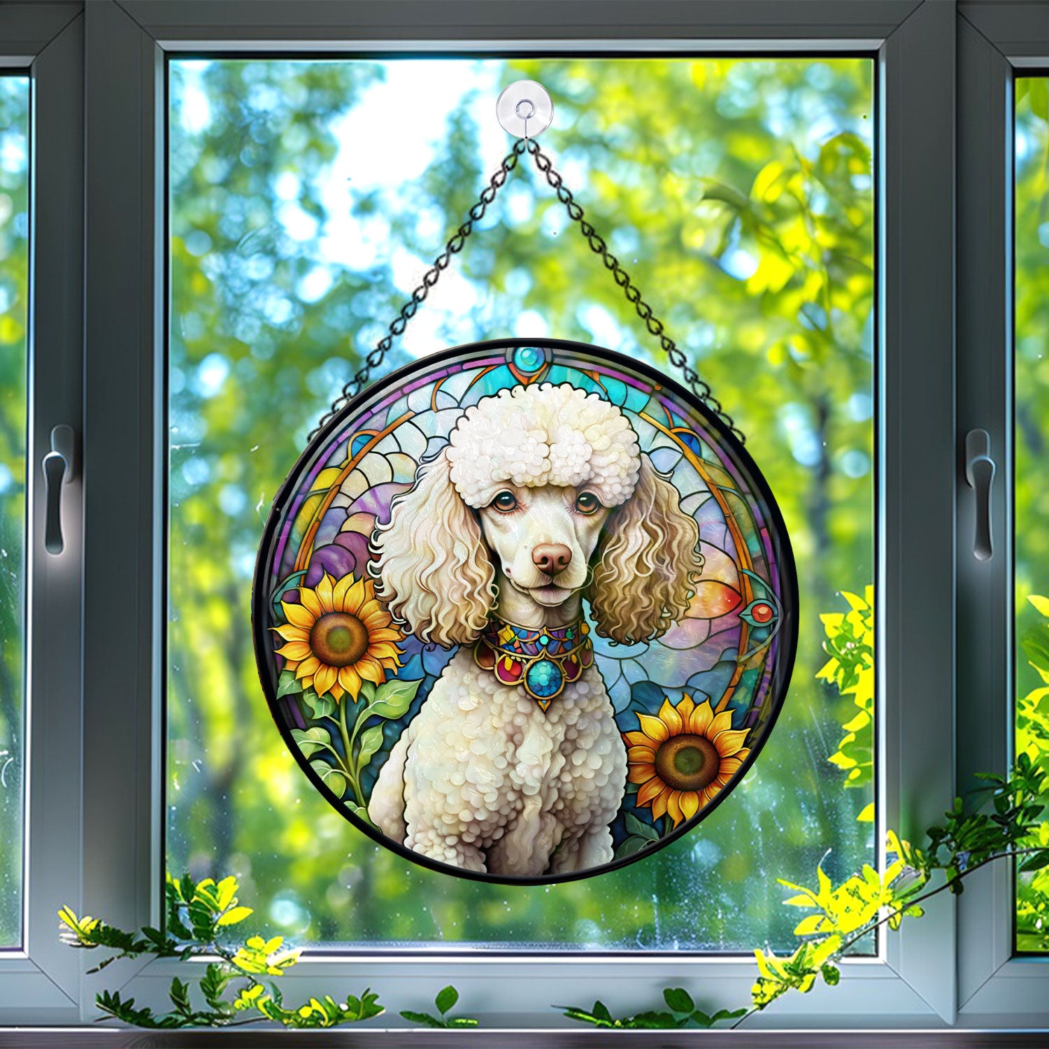 Poodle Stained Glass Suncatcher, Poodle Sunflower Suncatcher for Windows Stained Glass