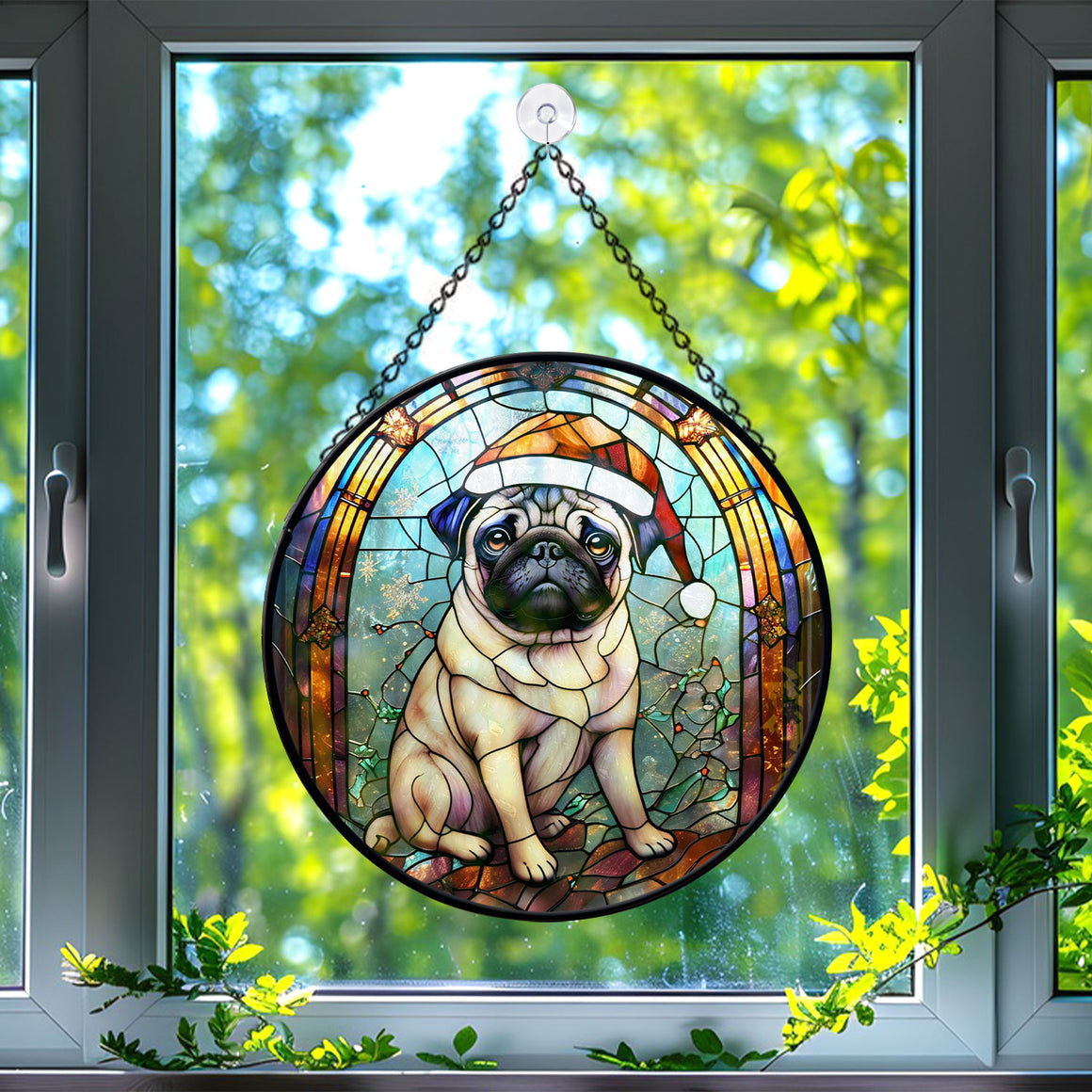 Christmas Dog Stained Glass Suncatcher | Unique Holiday Gift for Dog Lovers | Pug