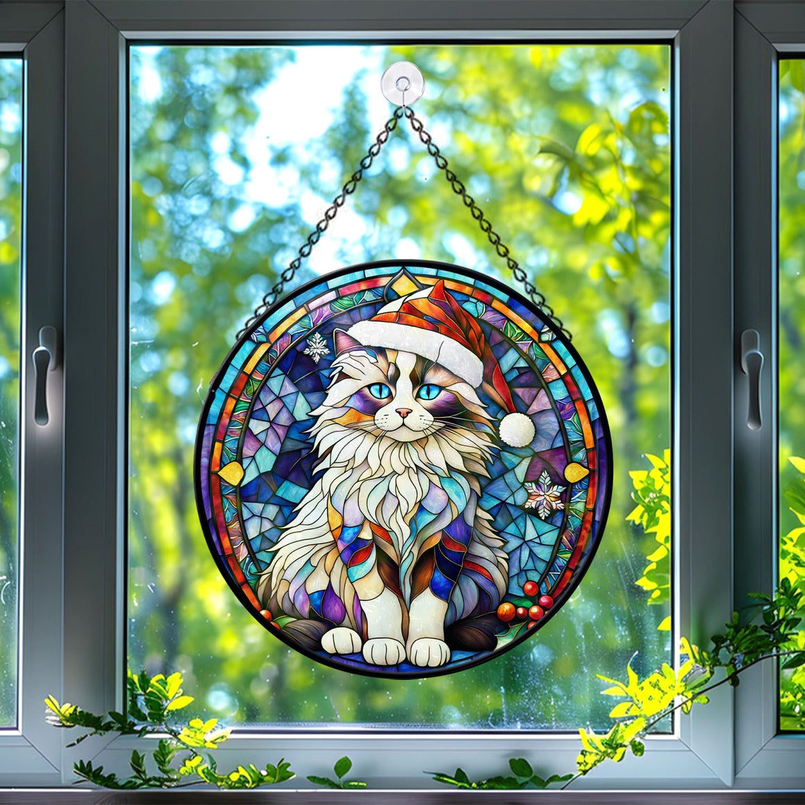 Christmas Cat Stained Glass Suncatcher | Unique Holiday Gift for Cat Lovers | Ragdoll Cat