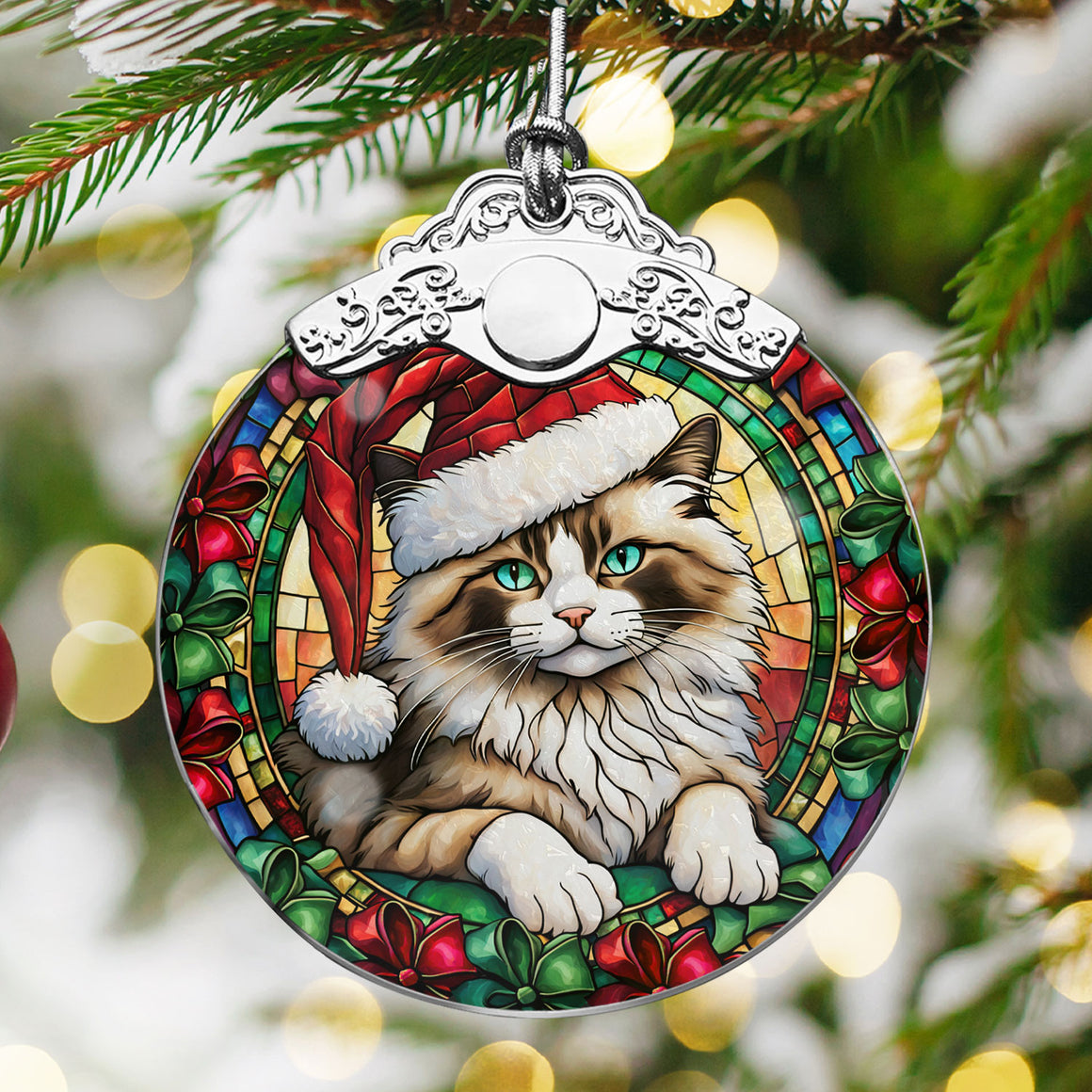 Christmas Cat Stained Glass Ornament | Unique Holiday Gift for Cat Lovers | Ragdoll