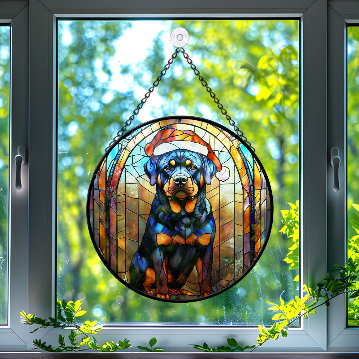 Christmas Dog Stained Glass Suncatcher | Unique Holiday Gift for Dog Lovers | Rottweiler