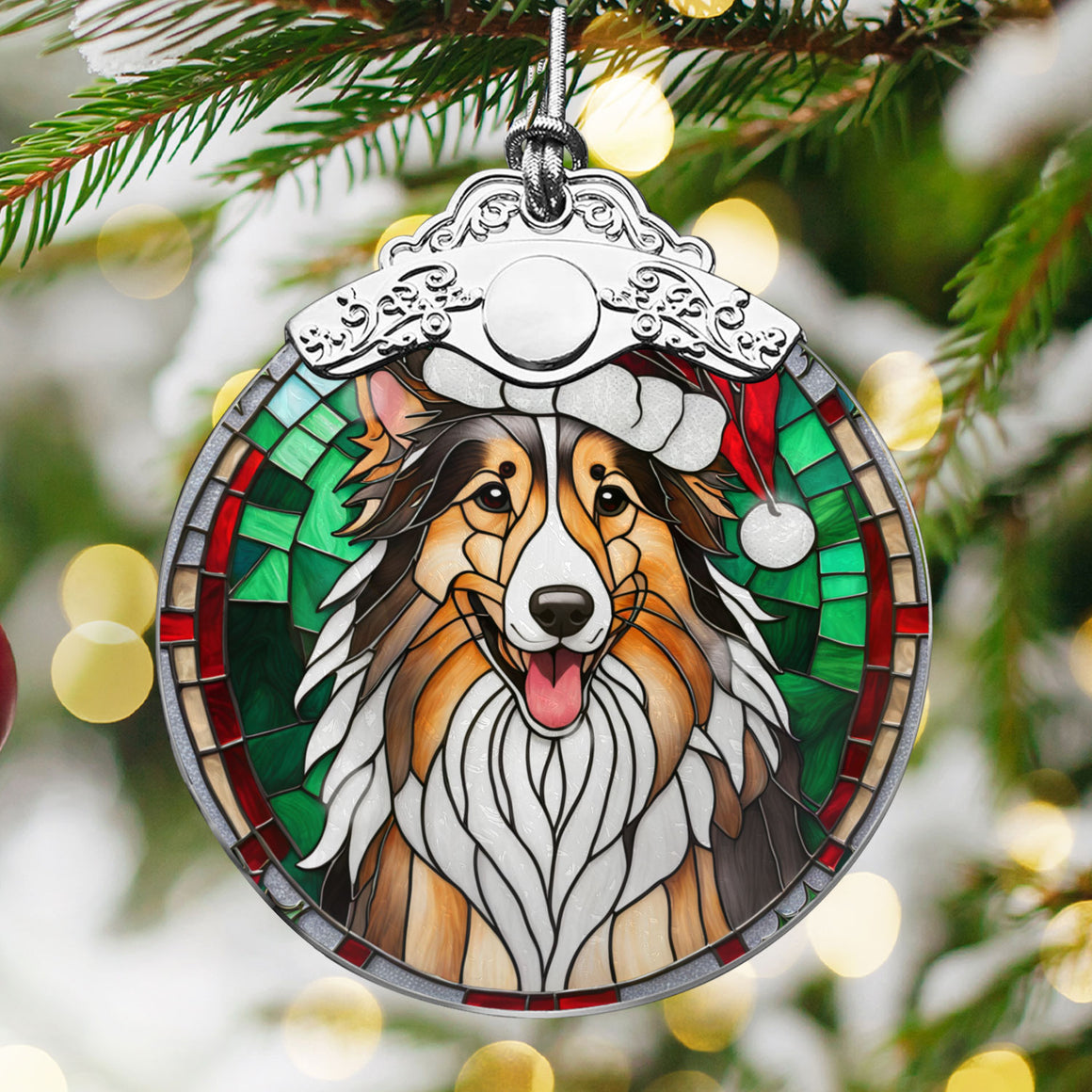 Christmas Dog Stained Glass Ornament | Unique Holiday Gift for Dog Lovers | Rough Collie