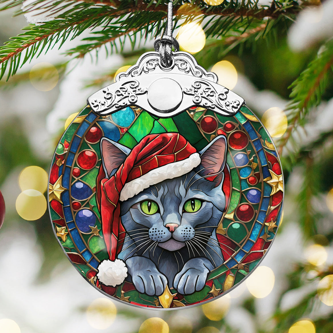 Christmas Cat Stained Glass Ornament | Unique Holiday Gift for Cat Lovers | Russian Blue Cat