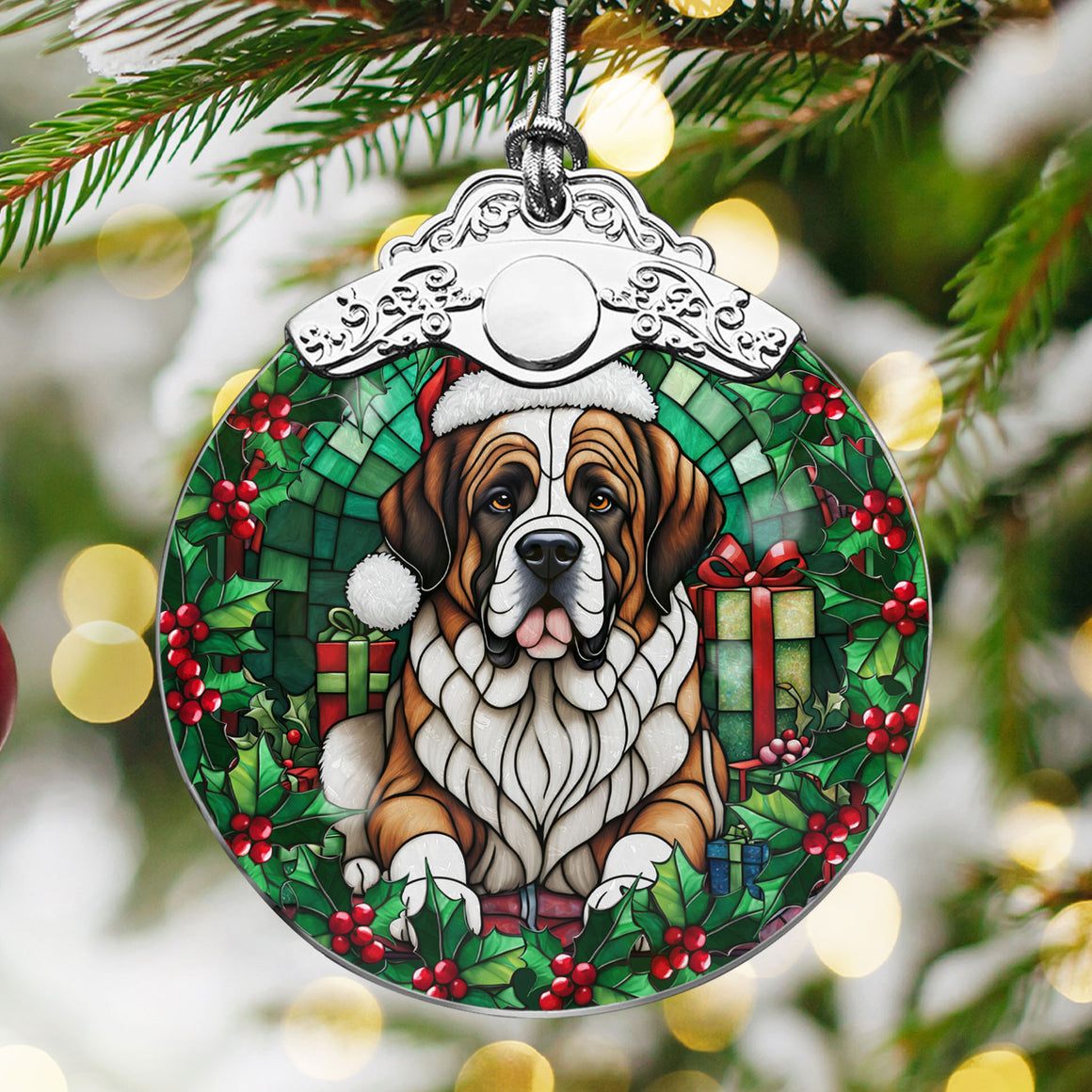 Christmas Dog Stained Glass Ornament | Unique Holiday Gift for Dog Lovers | Saint Bernard