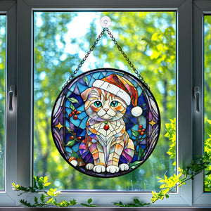 Christmas Cat Stained Glass Suncatcher | Unique Holiday Gift for Cat Lovers | Scottish Fold Cat