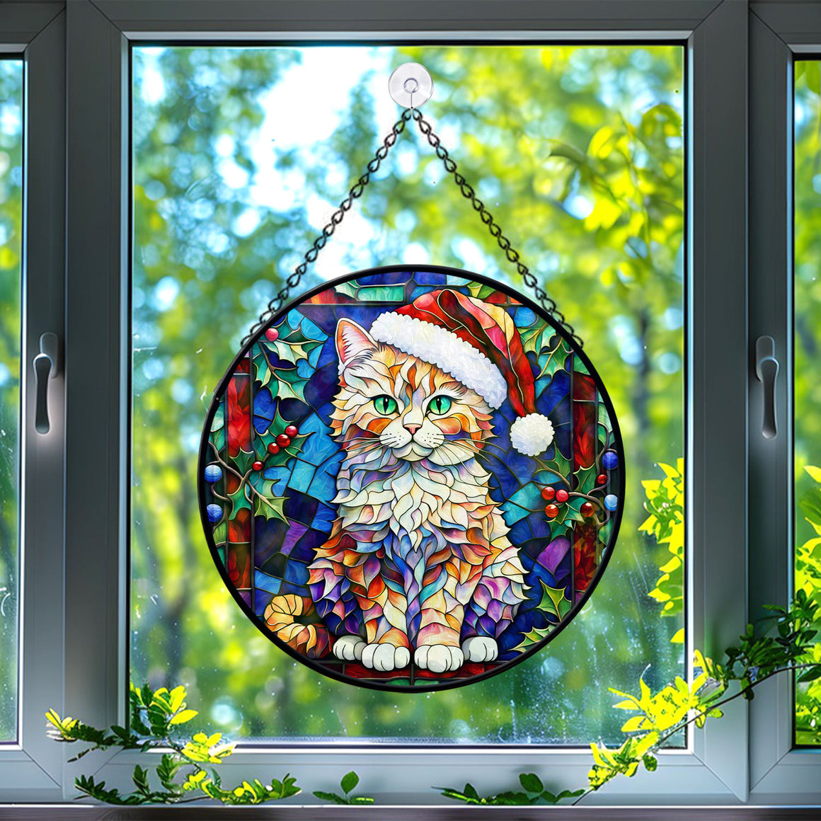 Christmas Cat Stained Glass Suncatcher | Unique Holiday Gift for Cat Lovers | Selkirk Rex Cat