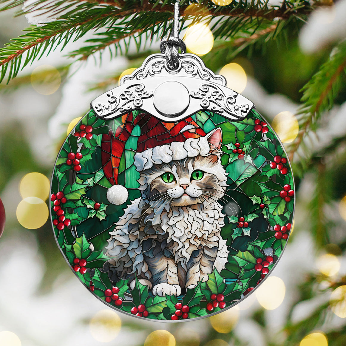 Christmas Cat Stained Glass Ornament | Unique Holiday Gift for Cat Lovers | Selkirk Rex