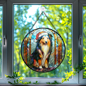 Christmas Dog Stained Glass Suncatcher | Unique Holiday Gift for Dog Lovers | Shetland Sheepdog