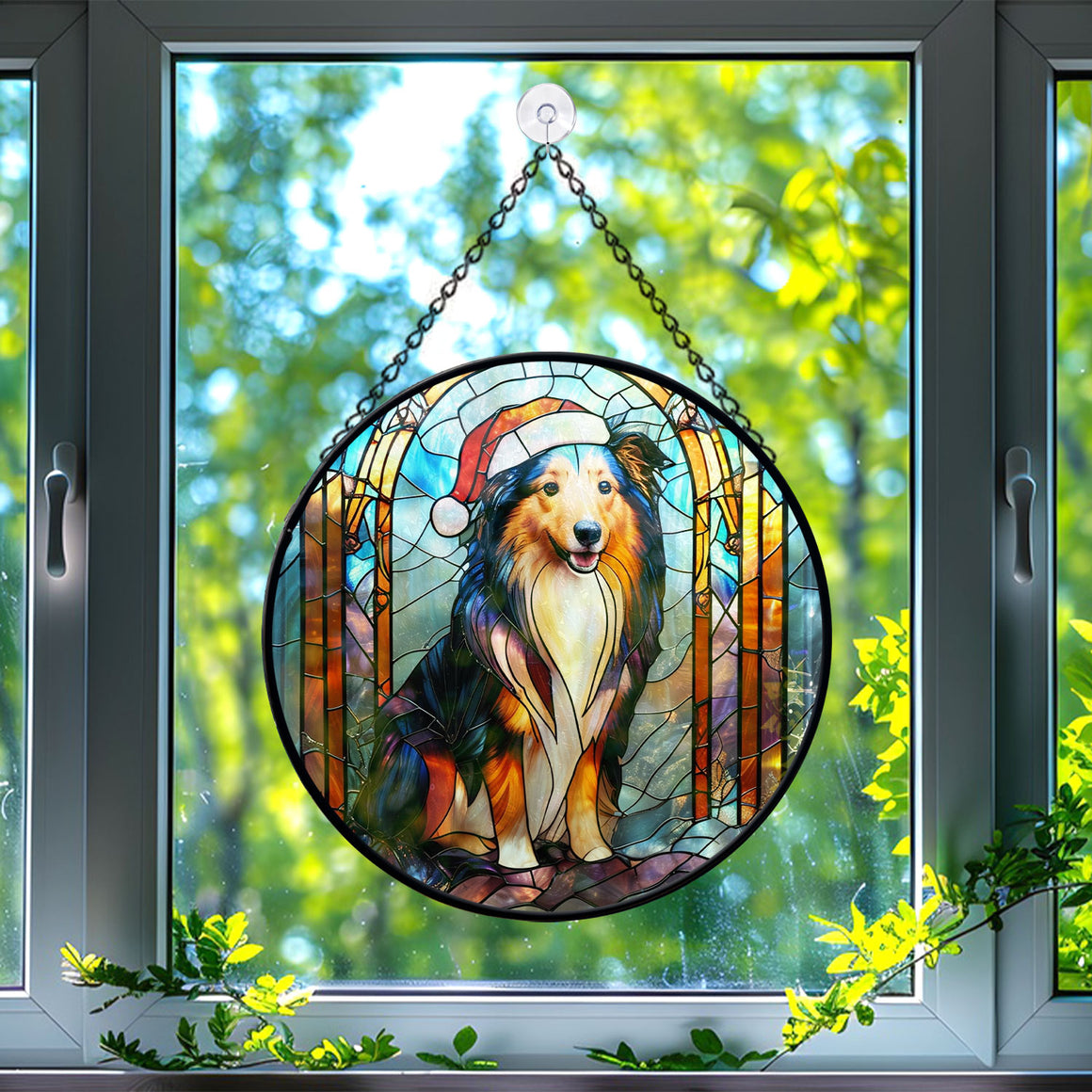 Christmas Dog Stained Glass Suncatcher | Unique Holiday Gift for Dog Lovers | Shetland Sheepdog