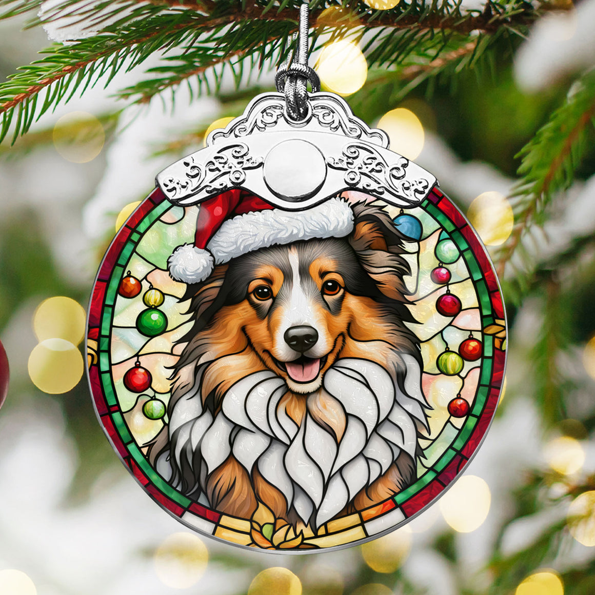 Christmas Dog Stained Glass Ornament | Unique Holiday Gift for Dog Lovers | Shetland Sheepdog