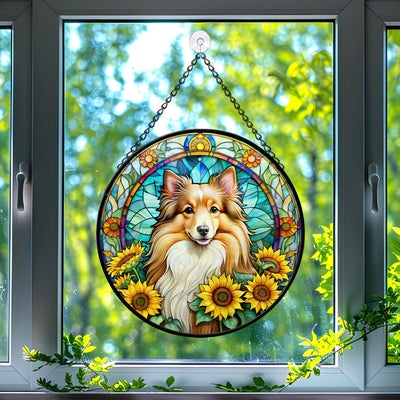 Shetland Sheepdog Stained Glass Suncatcher, Shetland Sheepdog Sunflower Suncatcher for Windows Stained Glass