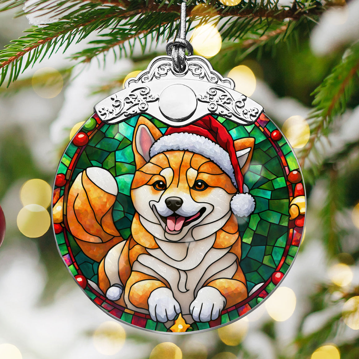 Christmas Dog Stained Glass Ornament | Unique Holiday Gift for Dog Lovers | Shiba Inu