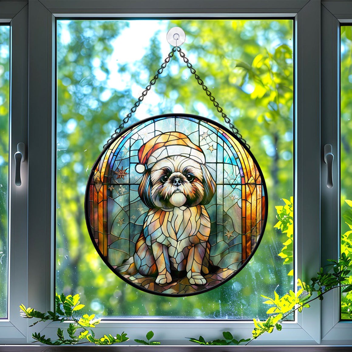 Christmas Dog Stained Glass Suncatcher | Unique Holiday Gift for Dog Lovers | Shih Tzu