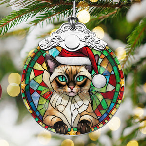 Christmas Cat Stained Glass Ornament | Unique Holiday Gift for Cat Lovers | Siamese