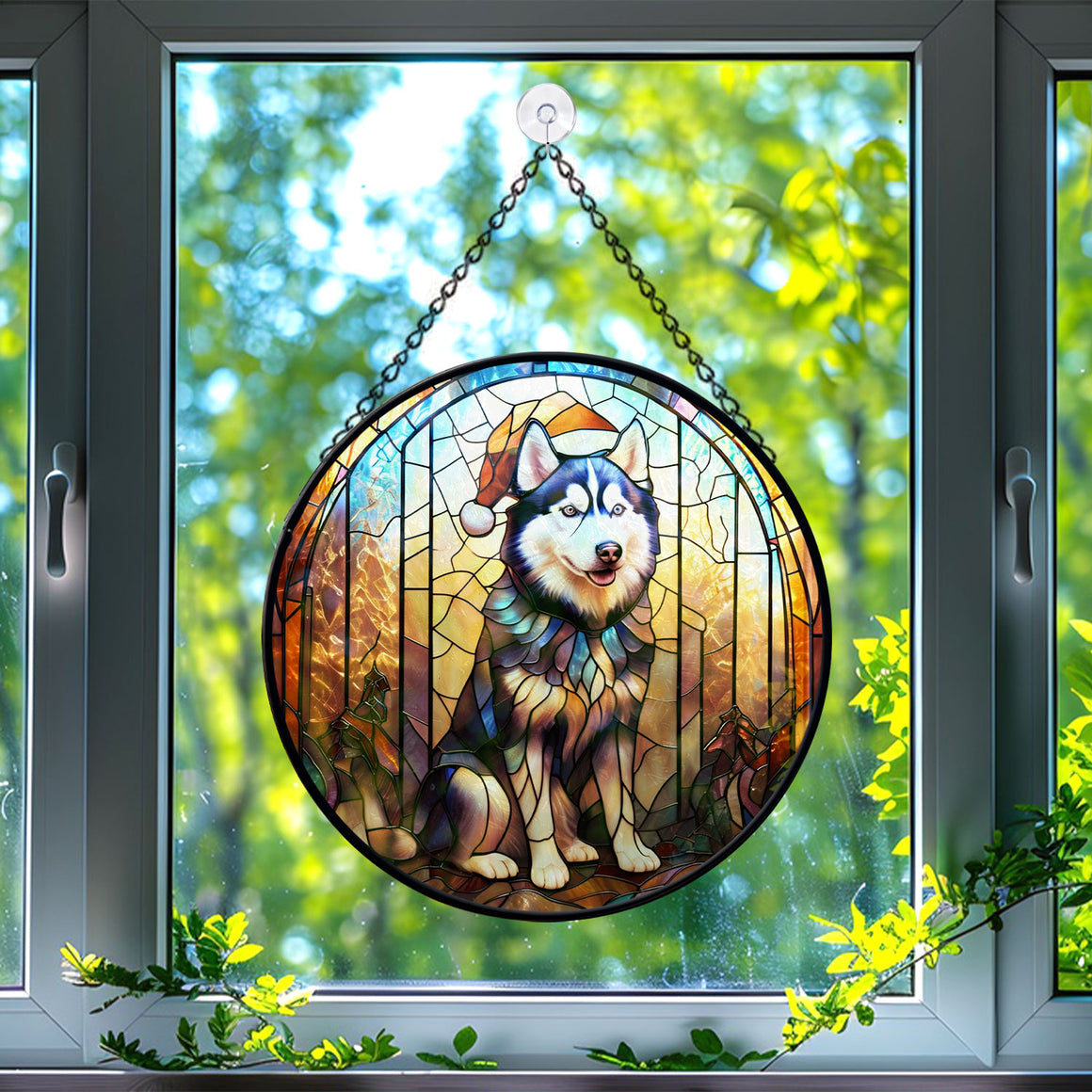 Christmas Dog Stained Glass Suncatcher | Unique Holiday Gift for Dog Lovers | Siberian Husky