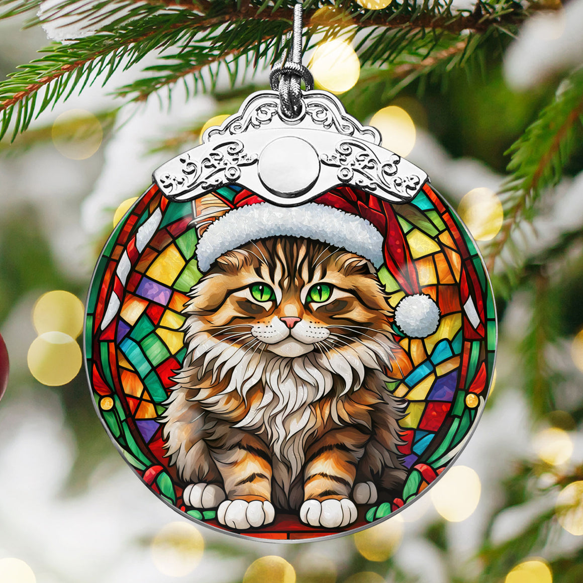 Christmas Cat Stained Glass Ornament | Unique Holiday Gift for Cat Lovers | Siberian