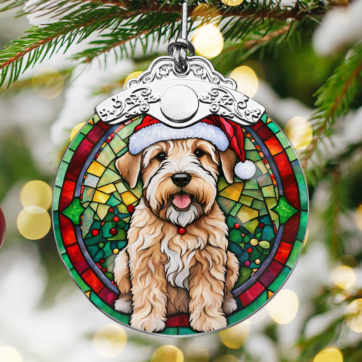 Christmas Dog Stained Glass Ornament | Unique Holiday Gift for Dog Lovers | Soft Coated Wheaten Terrier