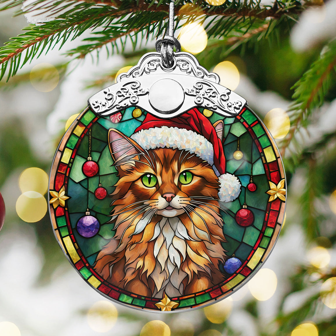 Christmas Cat Stained Glass Ornament | Unique Holiday Gift for Cat Lovers | Somali Cat