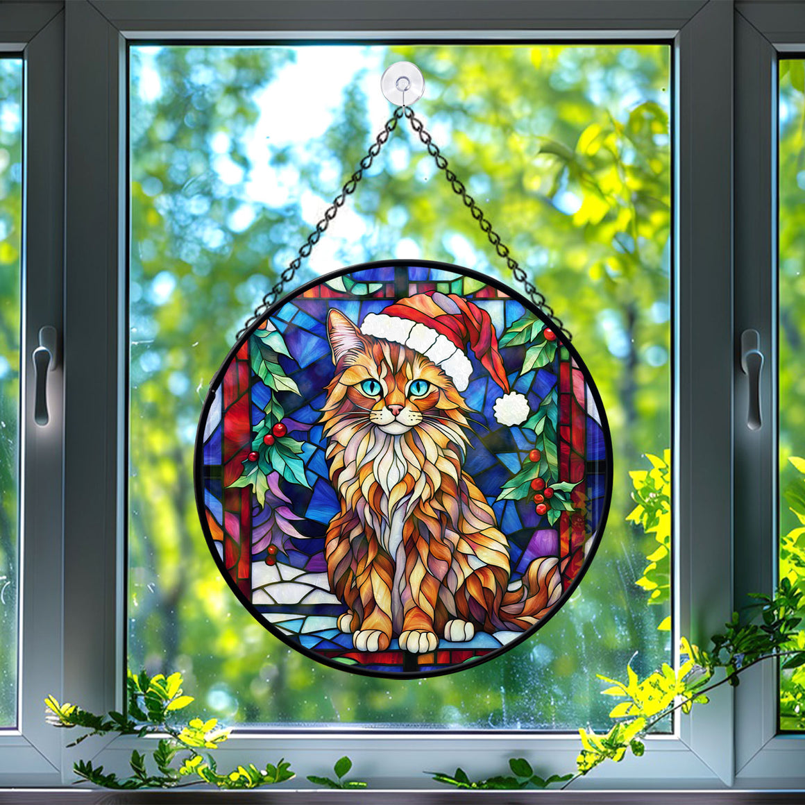 Christmas Cat Stained Glass Suncatcher | Unique Holiday Gift for Cat Lovers | Somali Cat