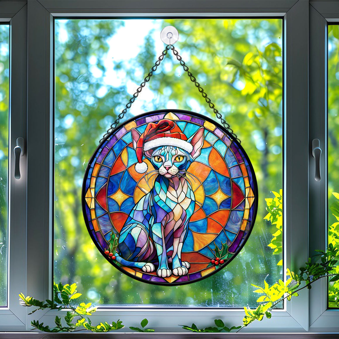 Christmas Cat Stained Glass Suncatcher | Unique Holiday Gift for Cat Lovers | Sphynx Cat