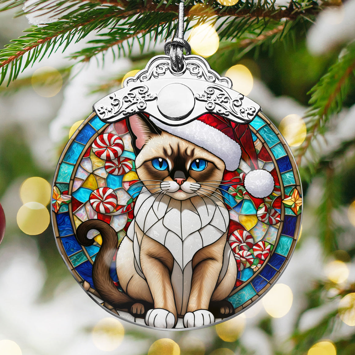 Christmas Cat Stained Glass Ornament | Unique Holiday Gift for Cat Lovers | Thailand Siamese