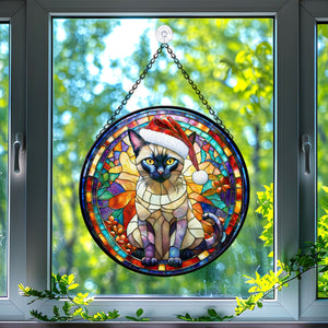 Christmas Cat Stained Glass Suncatcher | Unique Holiday Gift for Cat Lovers | TonkinesecCat