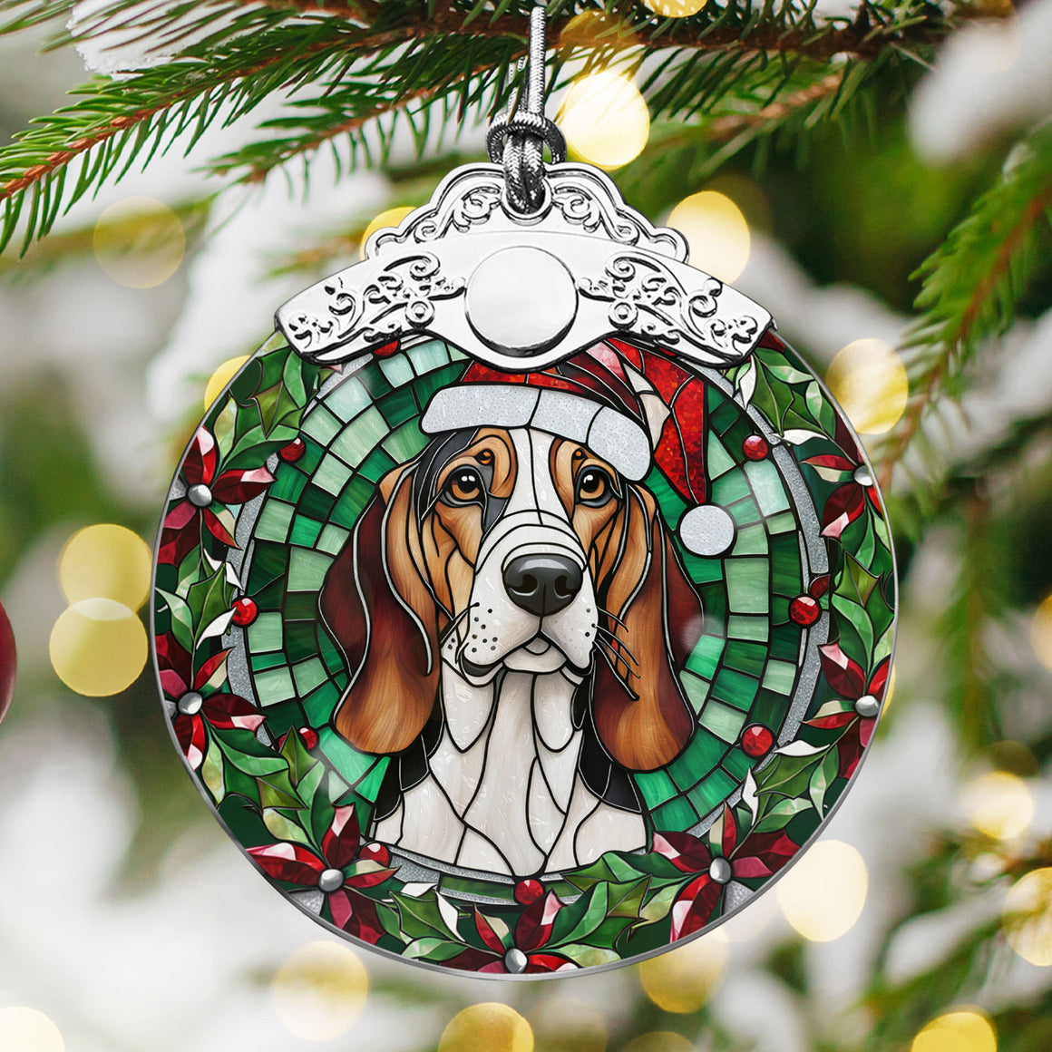 Christmas Dog Stained Glass Ornament | Unique Holiday Gift for Dog Lovers | Treeing Walker Coonhound