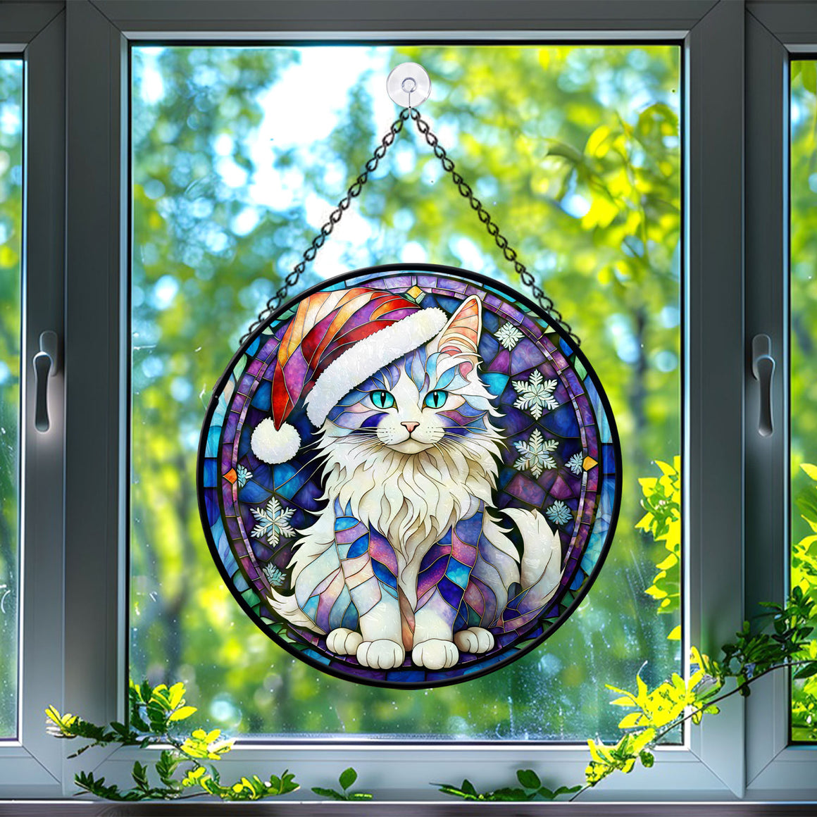 Christmas Cat Stained Glass Suncatcher | Unique Holiday Gift for Cat Lovers | Turkish Angora Cat