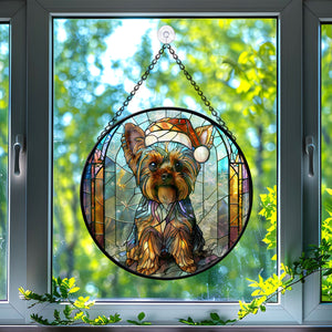 Christmas Dog Stained Glass Suncatcher | Unique Holiday Gift for Dog Lovers | Yorkshire Terrier