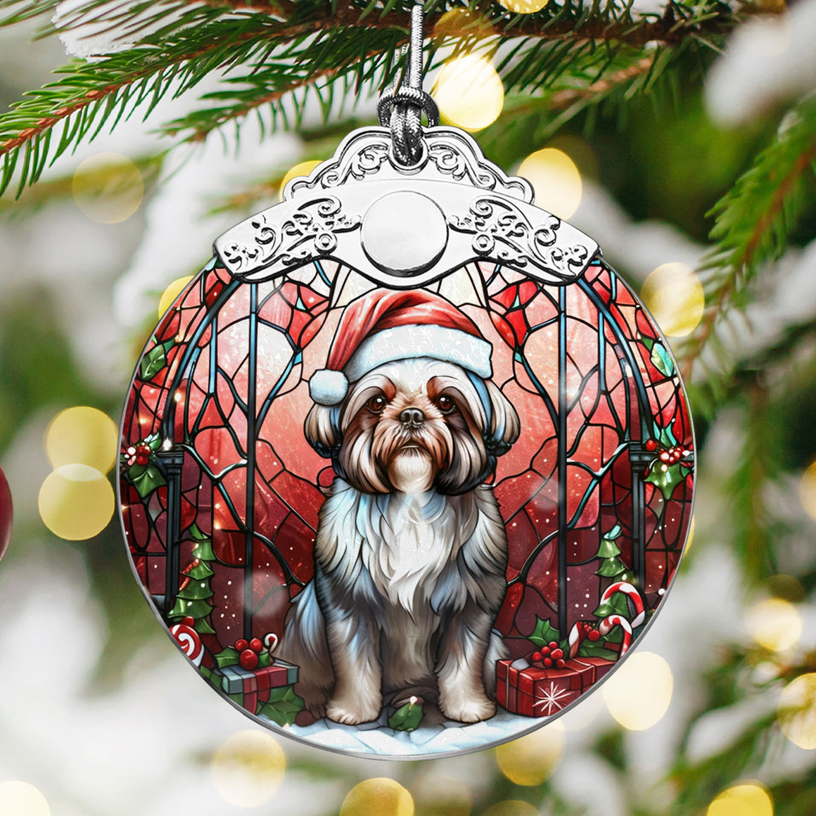 Christmas Dog Stained Glass Ornament | Unique Holiday Gift for Dog Lovers | shih tzu A02