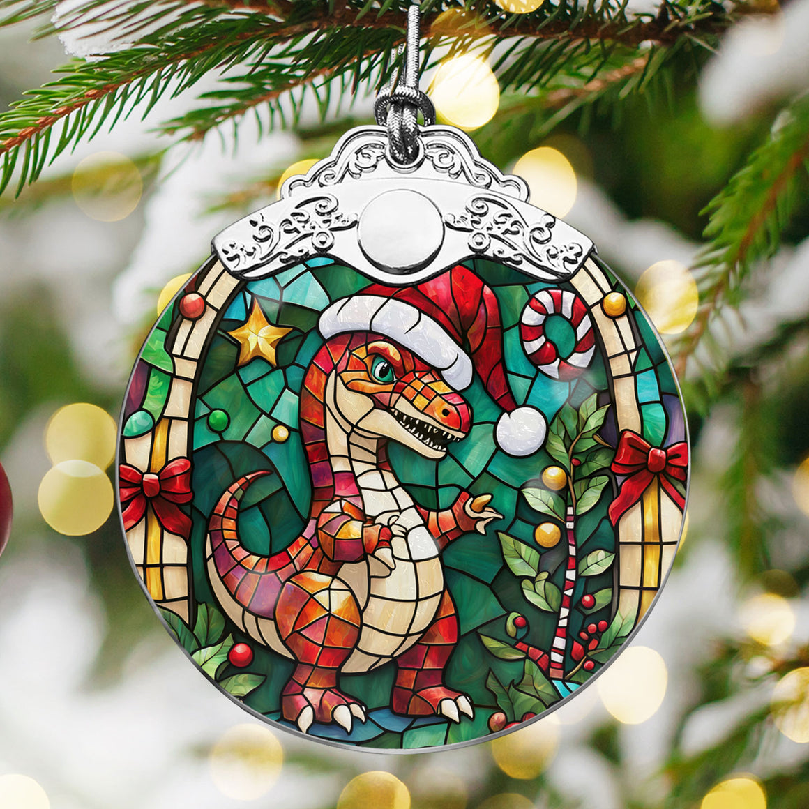 dinosaur Stained Glass Christmas Glass Ornament, Elegant Holiday Décor for Your Tree, Glass Ornament christmas 2024