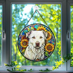 Dog Sunflower Stained Glass Suncatcher, Dog Sunflower Suncatchers for Windows Stained Glass