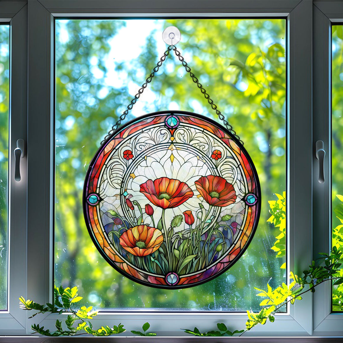 poppy flower Stained Glass Suncatcher, poppy flower Suncatcher for Windows Stained Glass