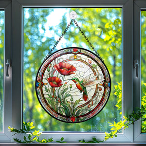 Red poppy hummingbird Stained Glass Suncatcher, hummingbird Suncatcher for Windows Stained Glass