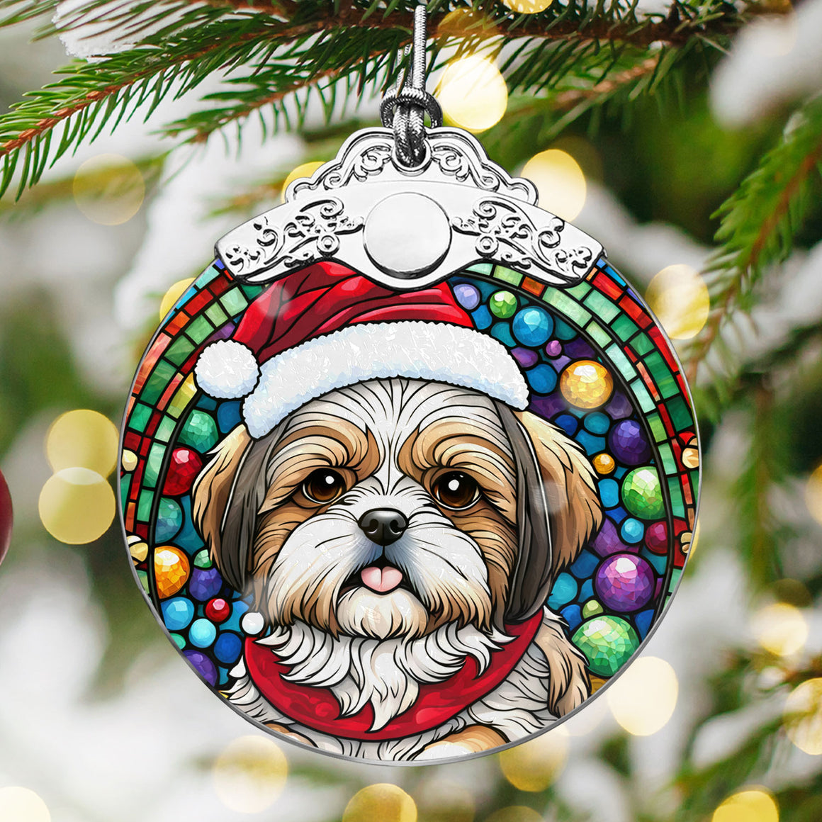 Christmas Dog Stained Glass Ornament | Unique Holiday Gift for Dog Lovers | Shih Tzu