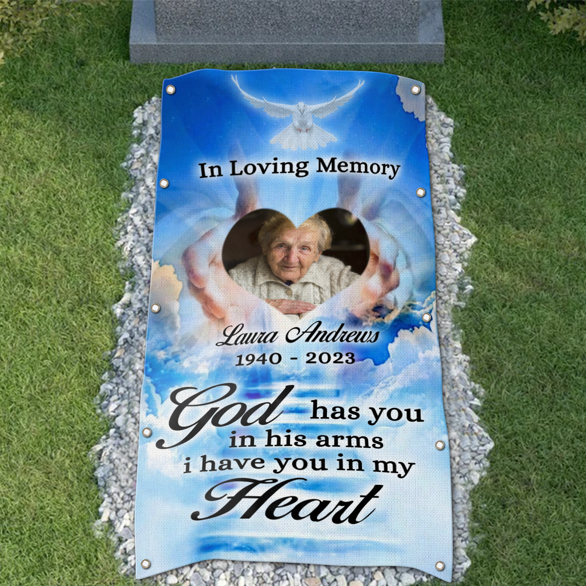 Custom Memorial Grave Blanket :  In Loving Memory, God has you in his arms i have you in my heart