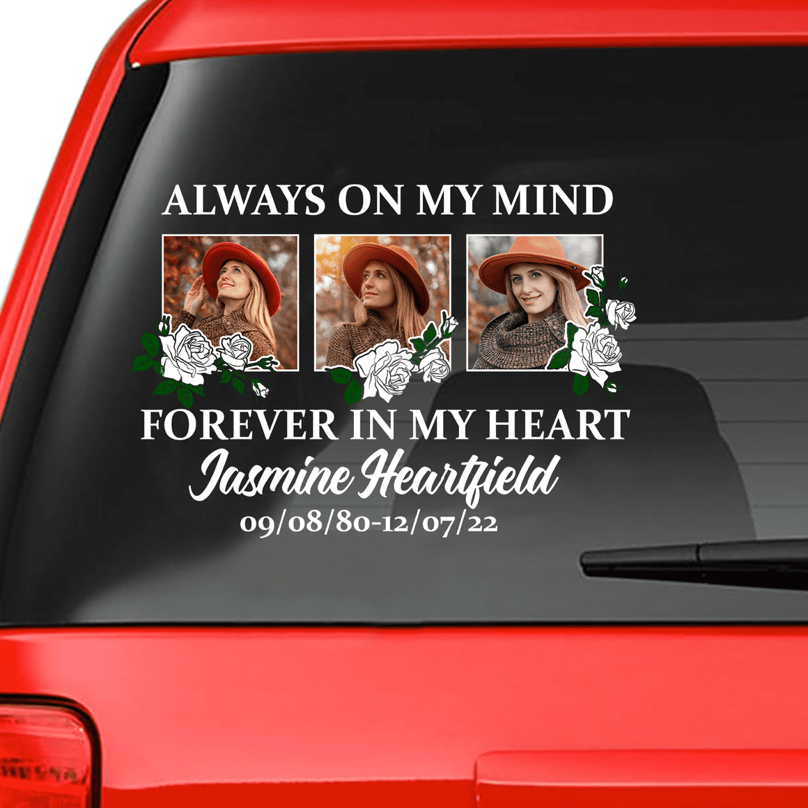 Custom In Loving Memory Sticker Memorial Decal Car Rose White : always on my mind, forever in my heart