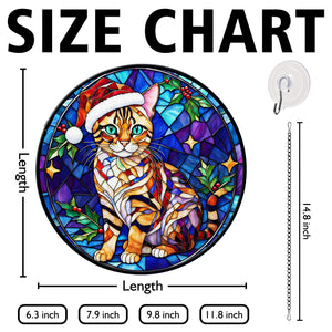 Christmas Cat Stained Glass Suncatcher | Unique Holiday Gift for Cat Lovers | Bengal Cat