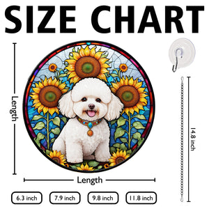 Bichon Frise Stained Glass Suncatcher, Bichon Frise Sunflower Suncatcher for Windows Stained Glass