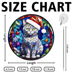 Christmas Cat Stained Glass Suncatcher | Unique Holiday Gift for Cat Lovers | Chartreux Cat