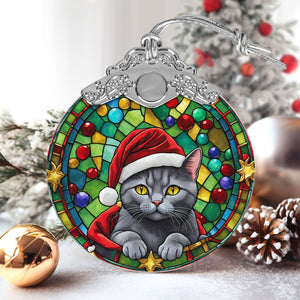 Christmas Cat Stained Glass Ornament | Unique Holiday Gift for Cat Lovers | Chartreux Cat