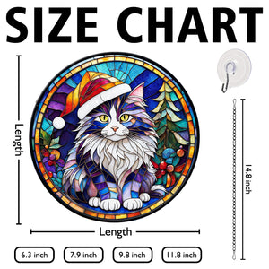 Christmas Cat Stained Glass Suncatcher | Unique Holiday Gift for Cat Lovers | Norwegian Forest Cat