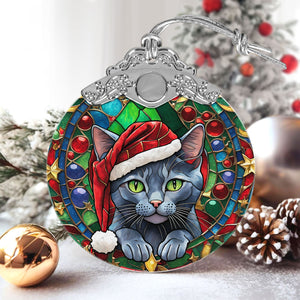 Christmas Cat Stained Glass Ornament | Unique Holiday Gift for Cat Lovers | Russian Blue Cat